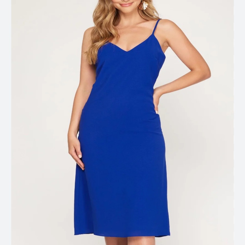 SEE YOU MONDAY Blue Spaghetti Strap Midi Slip Dress M